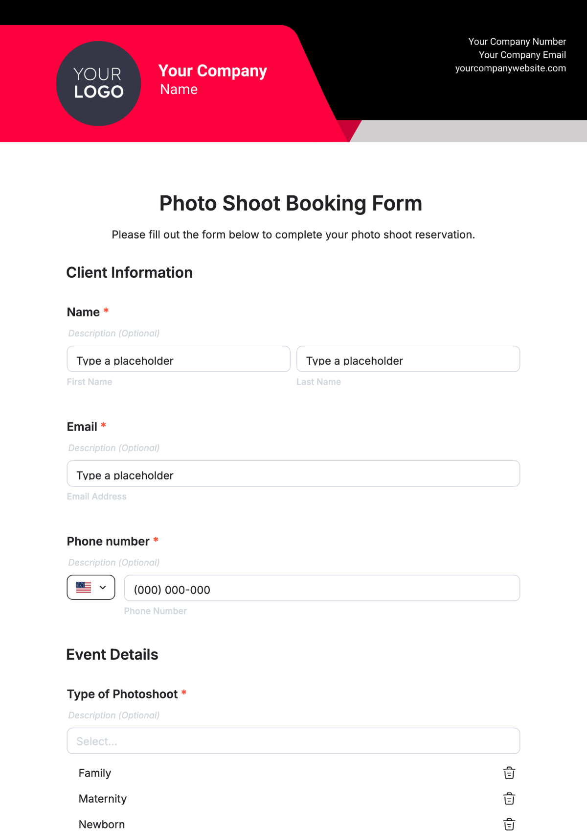 Photo Shoot Booking Form Template - Edit Online & Download