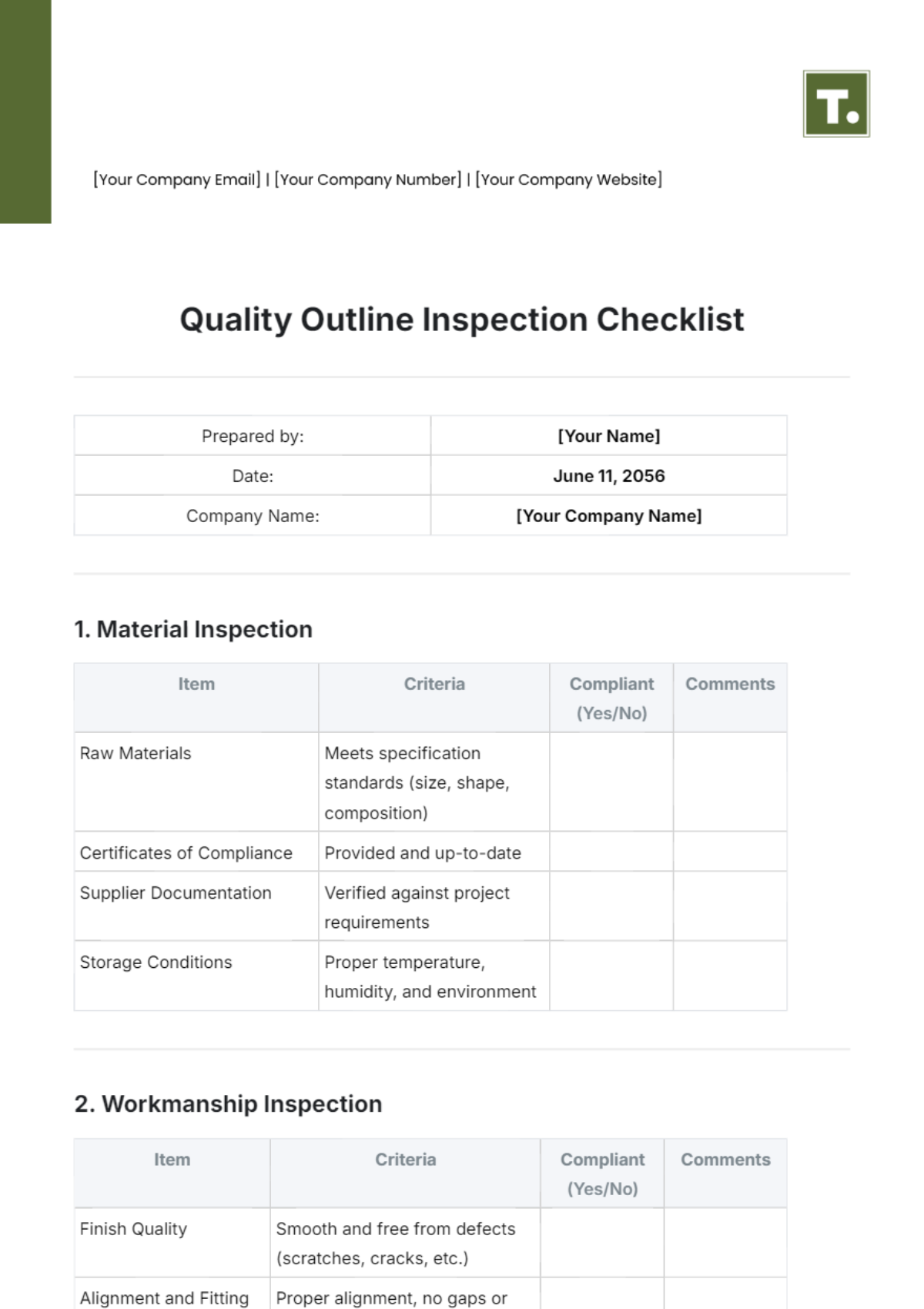 Quality Outline Inspection Checklist Template - Edit Online & Download