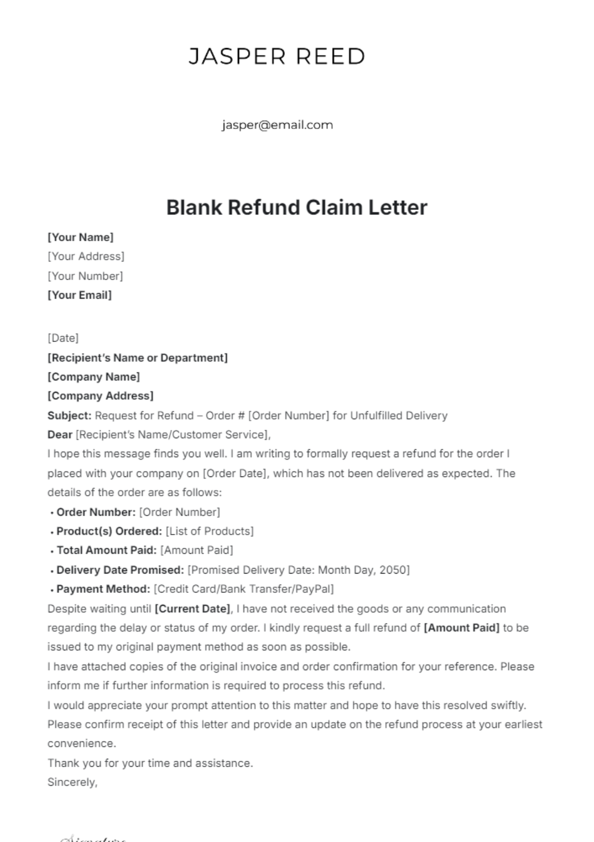 Free Blank Refund Claim Letter Template - Edit Online & Download ...