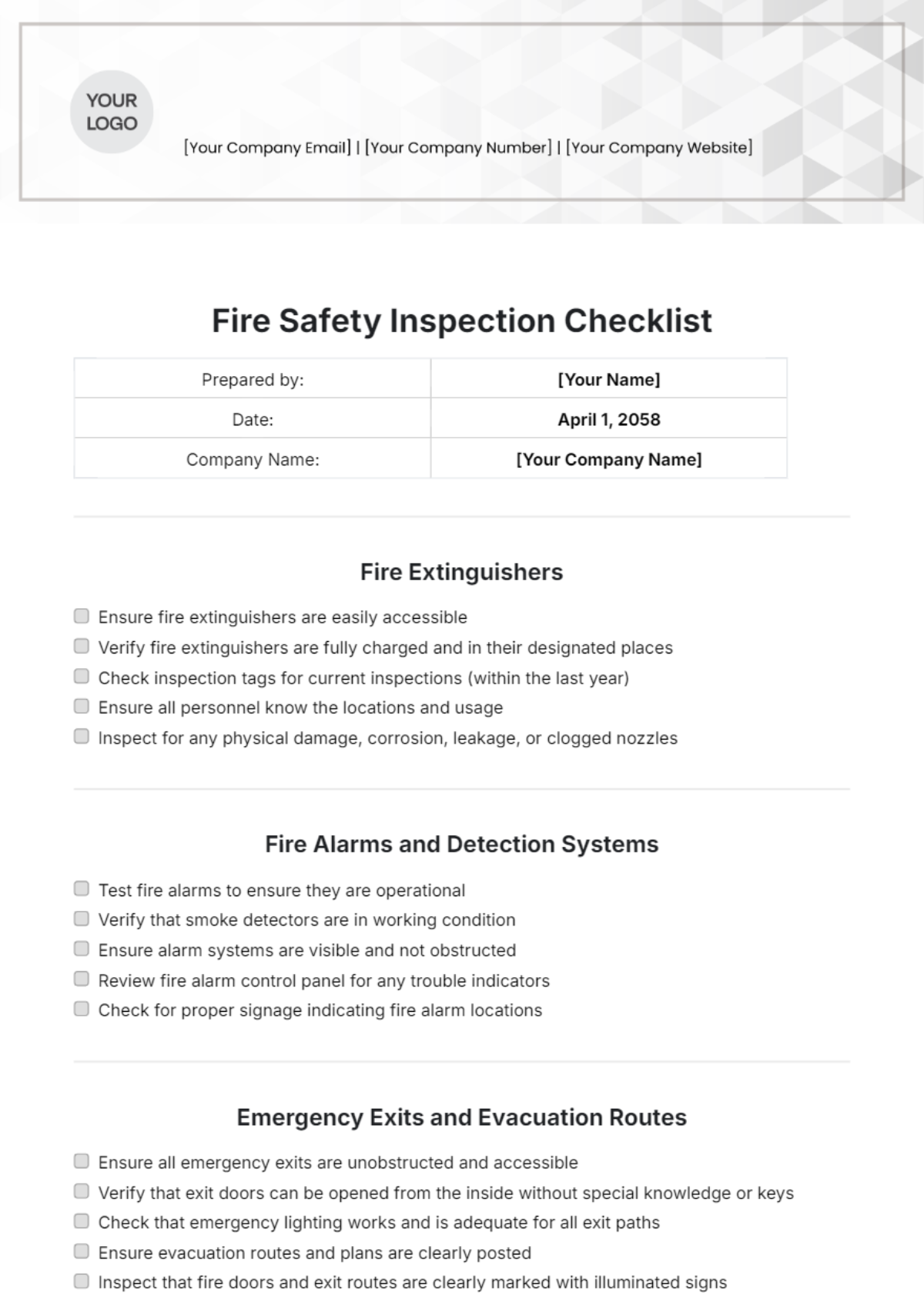 Fire safety Inspection Checklist Template - Edit Online & Download