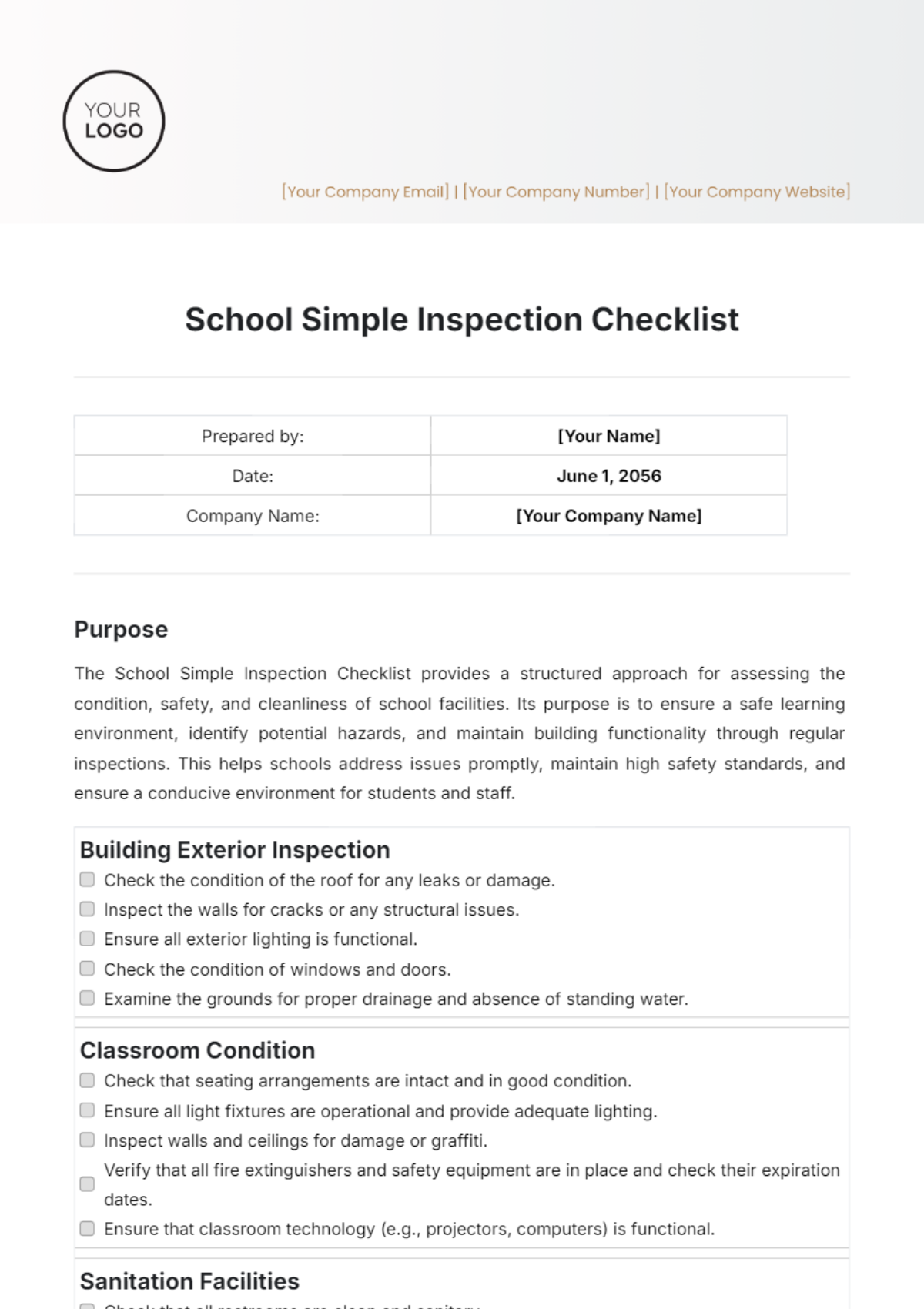 School Simple Inspection Checklist Template - Edit Online & Download