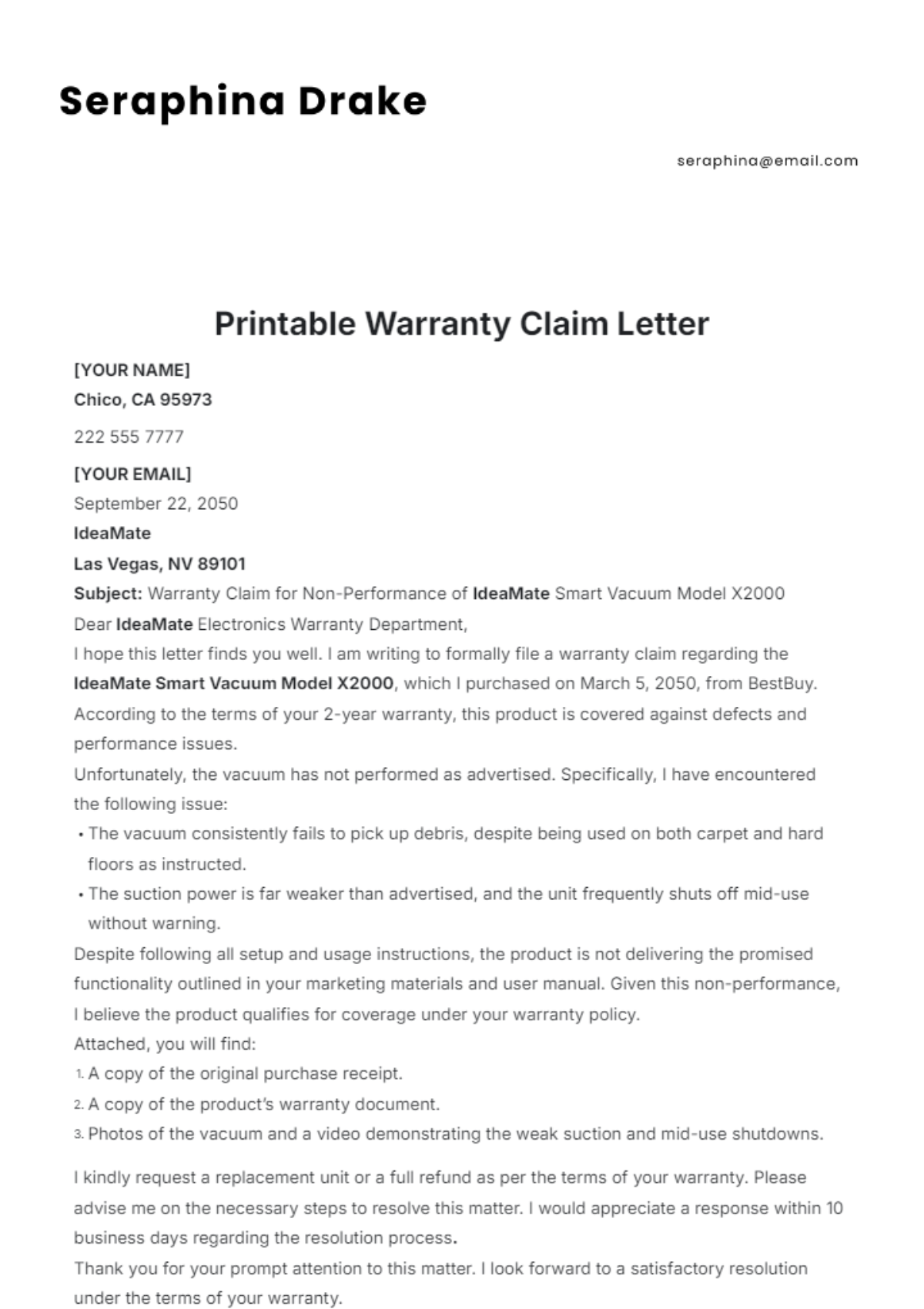 Free Printable Warranty Claim Letter Template