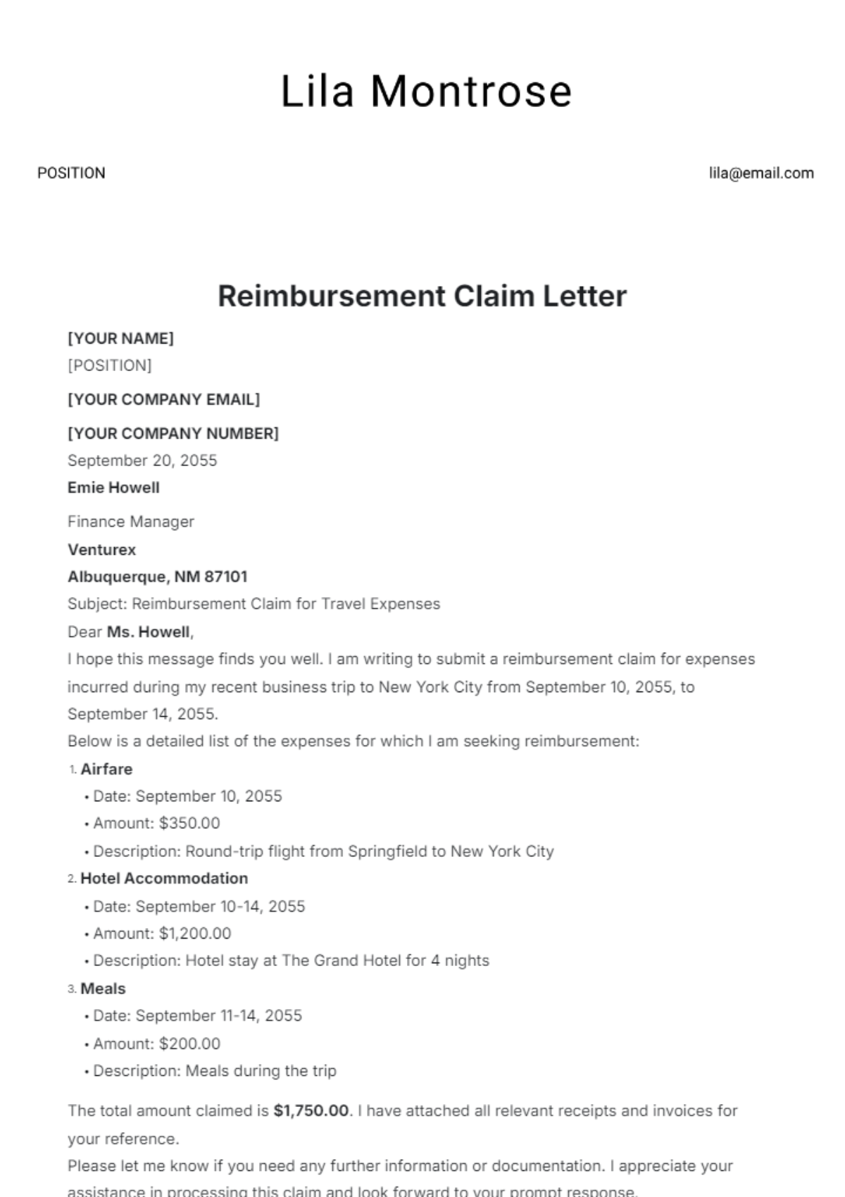 Free Reimbursement Claim Letter Template