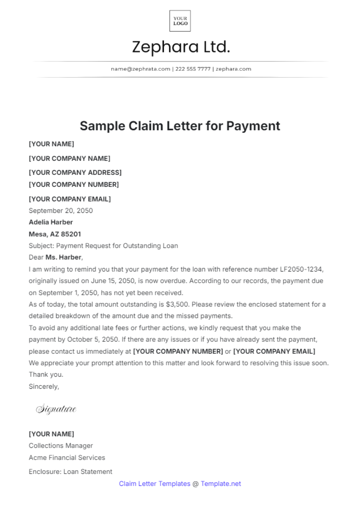 Free Sample Claim Letter for Payment Template