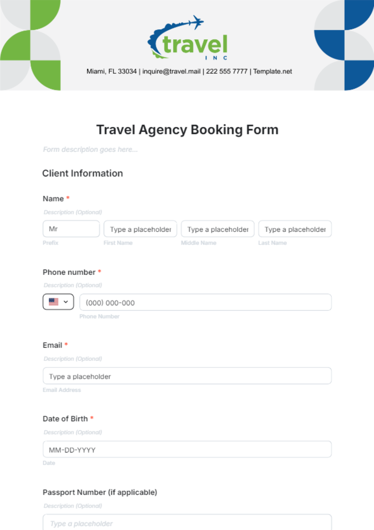 Travel Agency Booking Form Template - Edit Online & Download