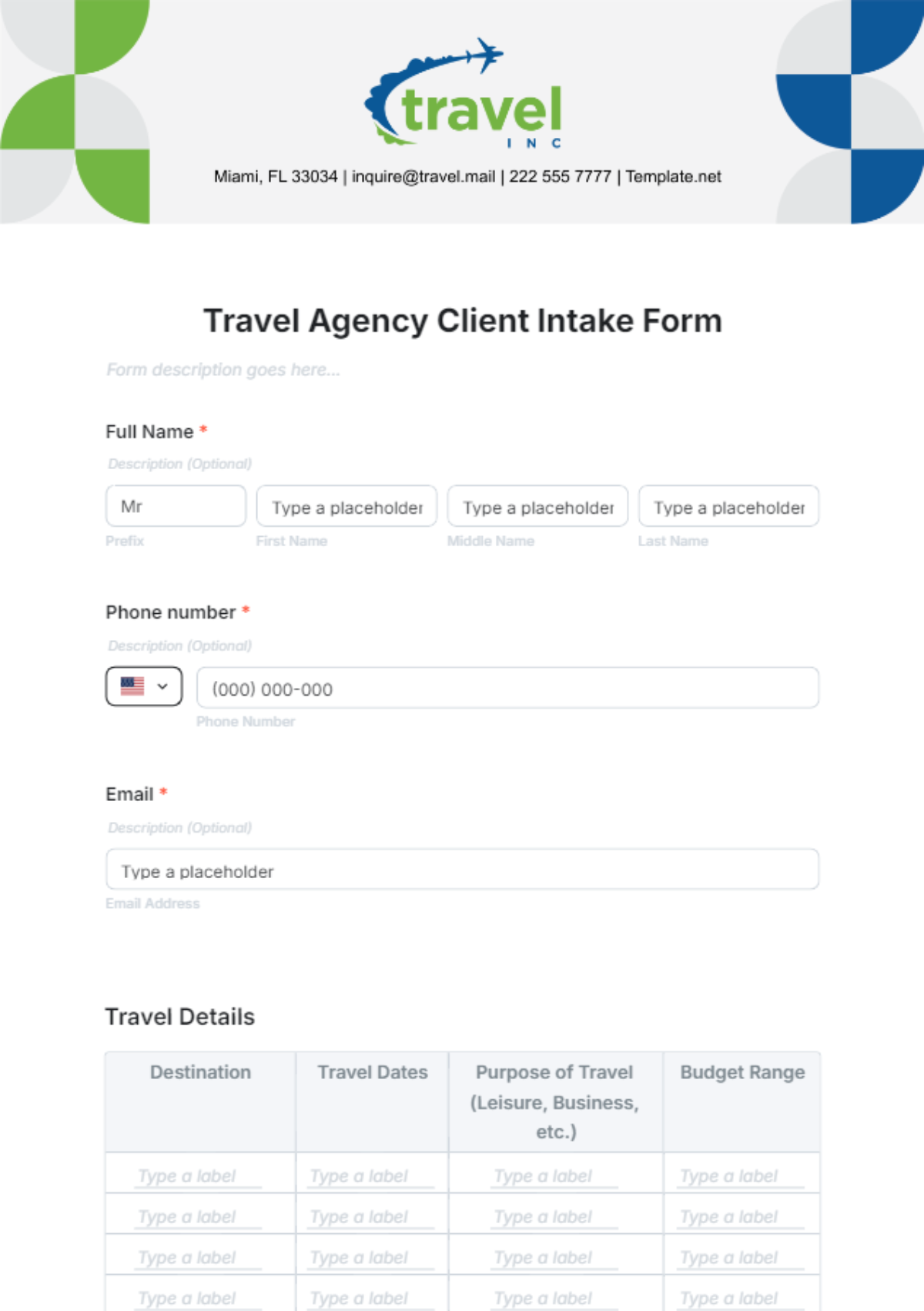 Travel Agency Client Intake Form Template - Edit Online & Download