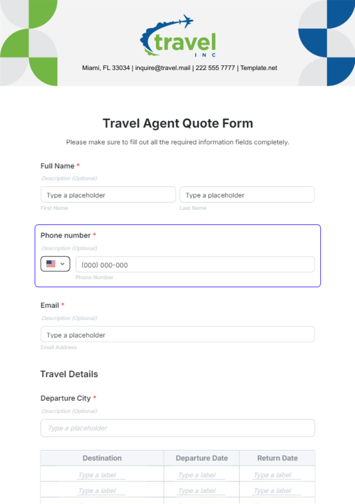 Travel Agent Quote Form Template - Edit Online & Download