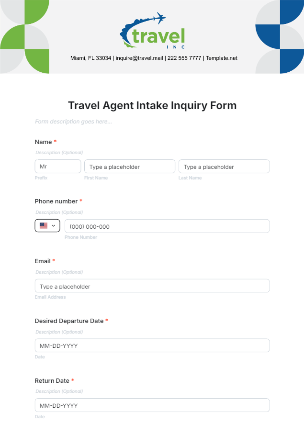 Travel Agent Intake Inquiry Form Template - Edit Online & Download