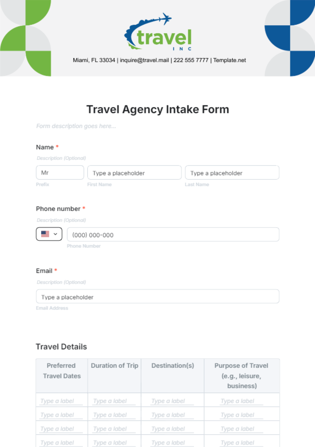 Travel Agency Intake Form Template - Edit Online & Download