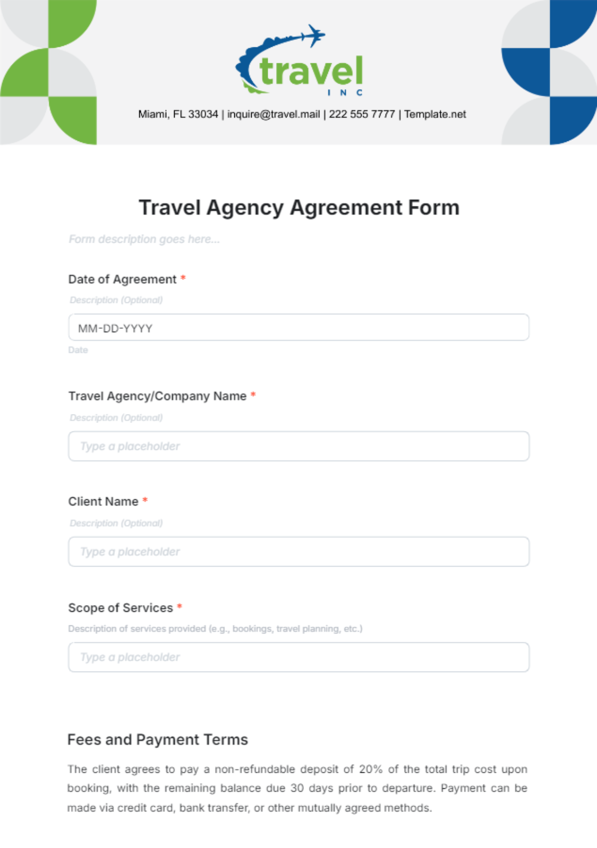 Travel Agency Agreement Form Template - Edit Online & Download