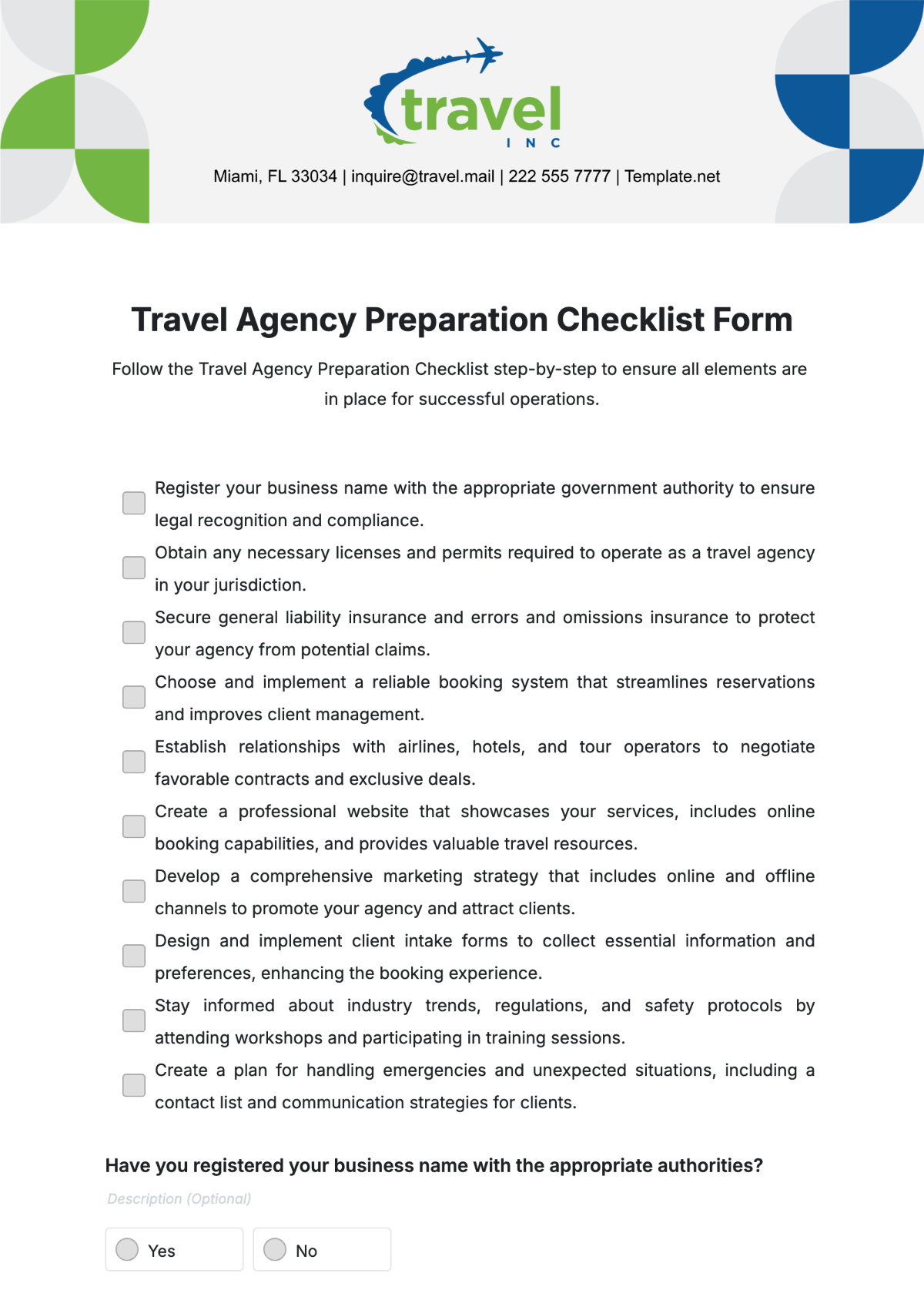 Travel Agency Preparation Checklist Form Template - Edit Online & Download