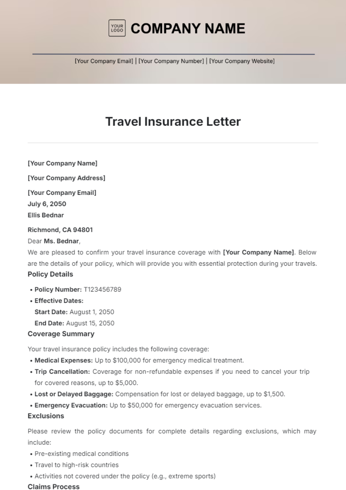 Travel Insurance Letter Template - Edit Online & Download