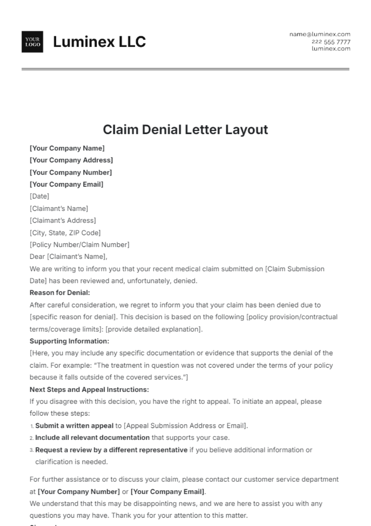 Claim Denial Letter Layout Template