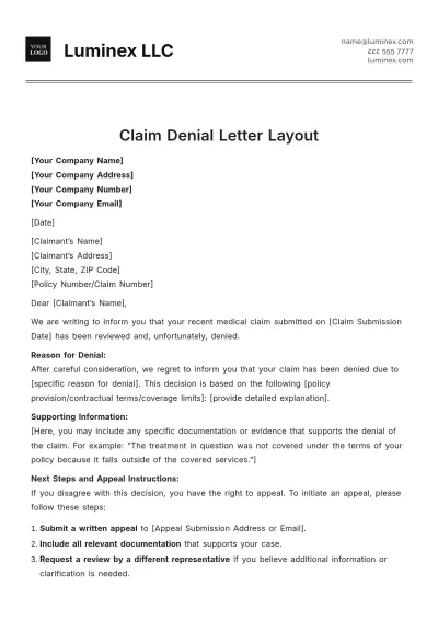 Free Claim Denial Letter Layout Template to Edit Online