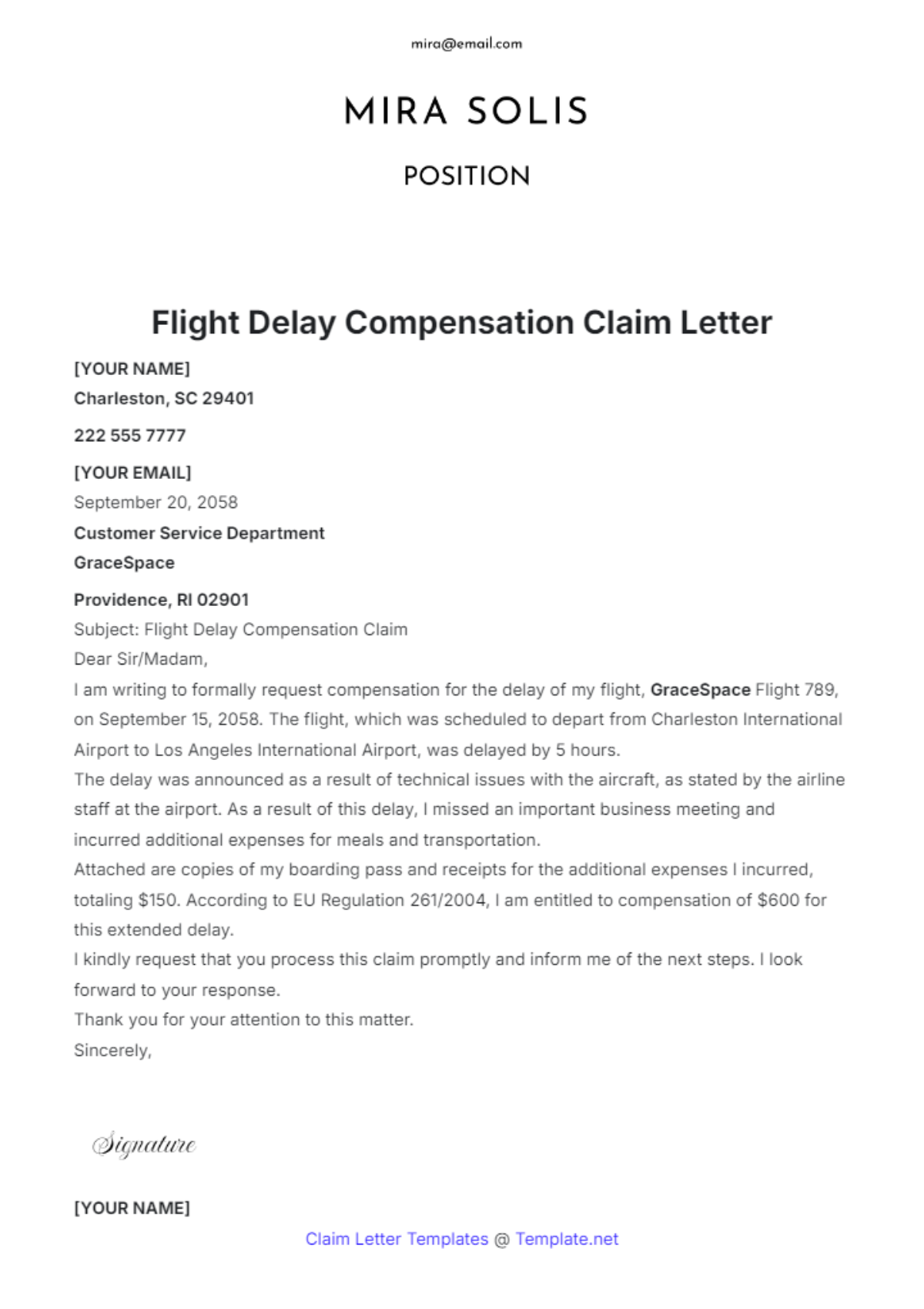 Flight Delay Compensation Claim Letter Template - Edit Online & Download