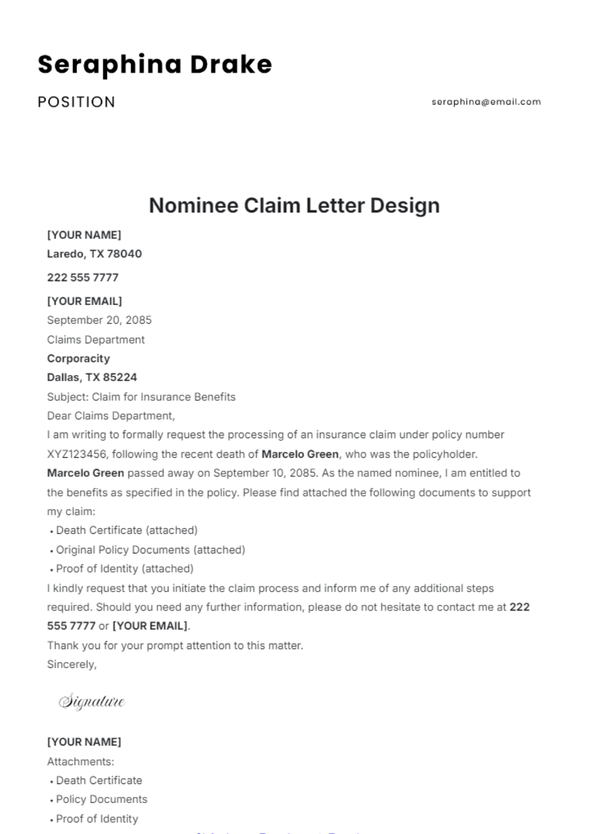 Nominee Claim Letter Design Template - Edit Online & Download