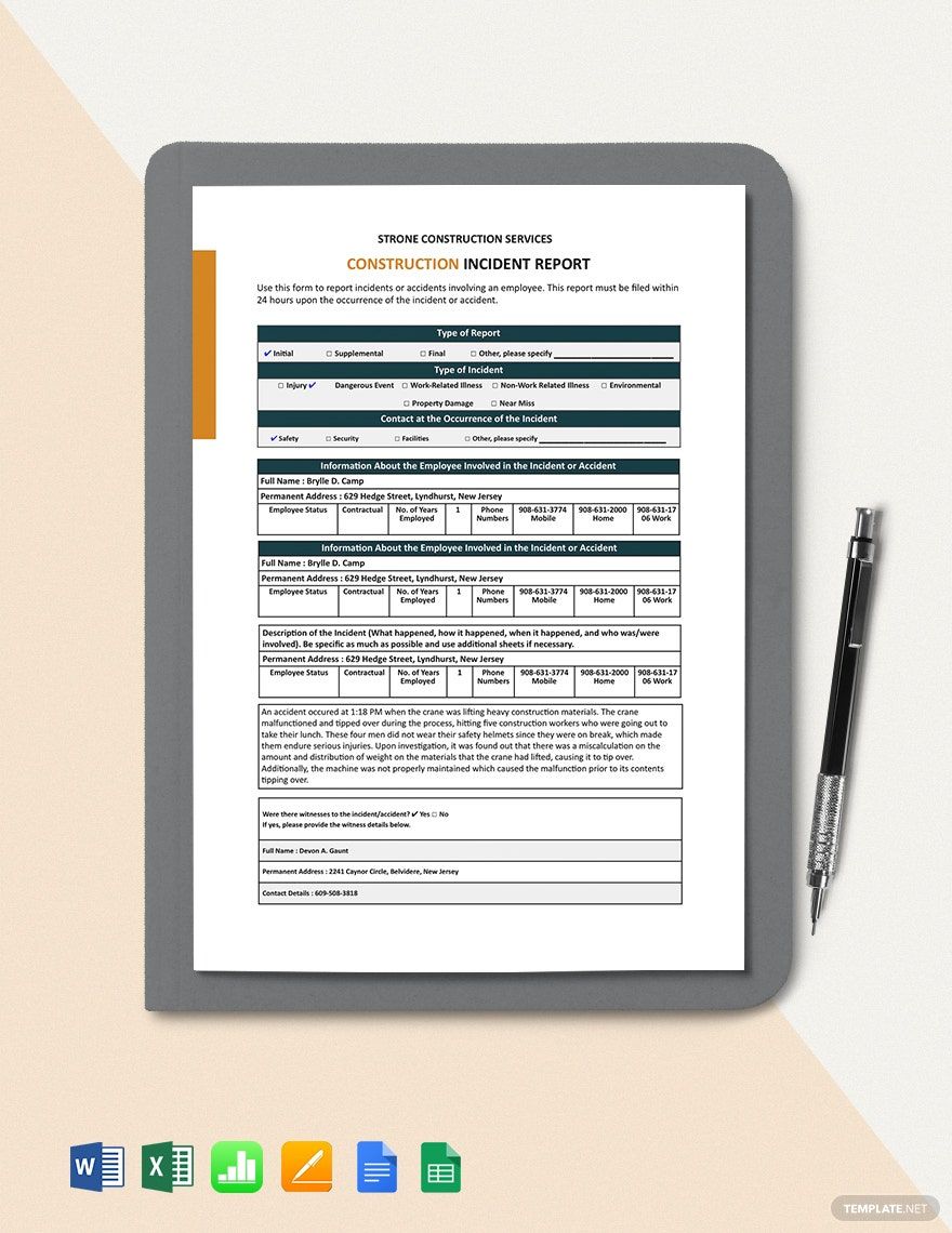 Construction Incident Investigation Report Template in Word, Google Docs, Apple Pages