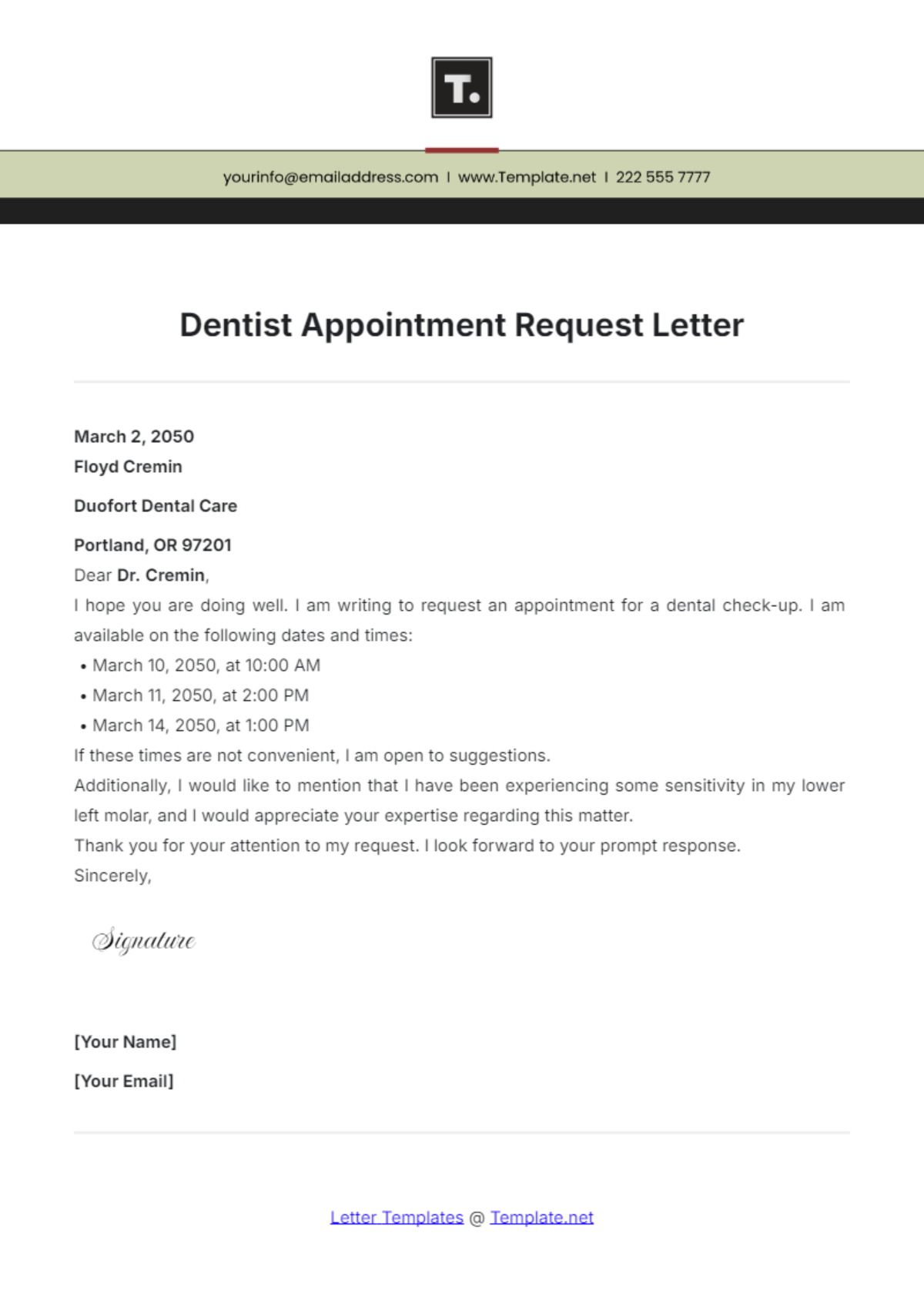 Free Dentist Appointment Request Letter Template To Edit Online