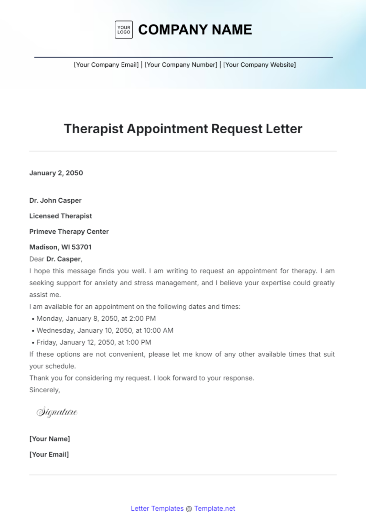 Free Therapist Appointment Request Letter Template to Edit Online