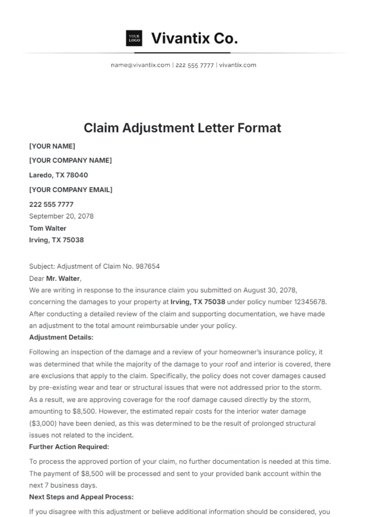 Claim Adjustment Letter Format Template