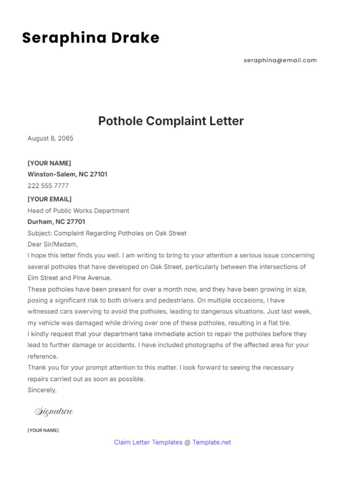 Pothole Complaint Letter Template