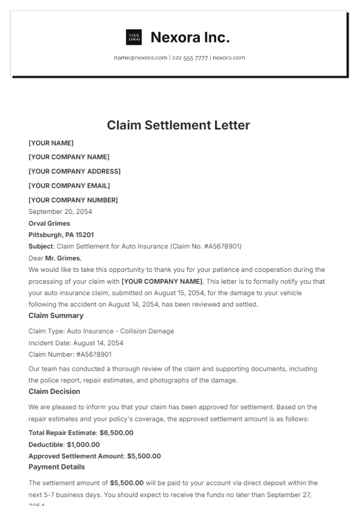 Claim Settlement Letter Template - Edit Online & Download