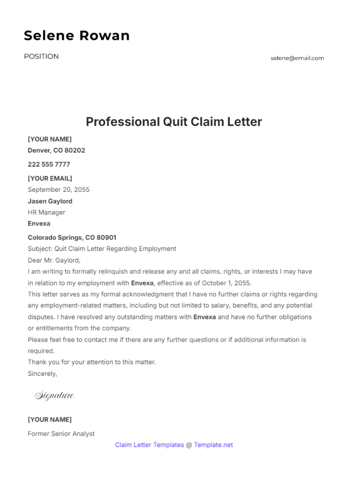 Professional Quit Claim Letter Template - Edit Online & Download