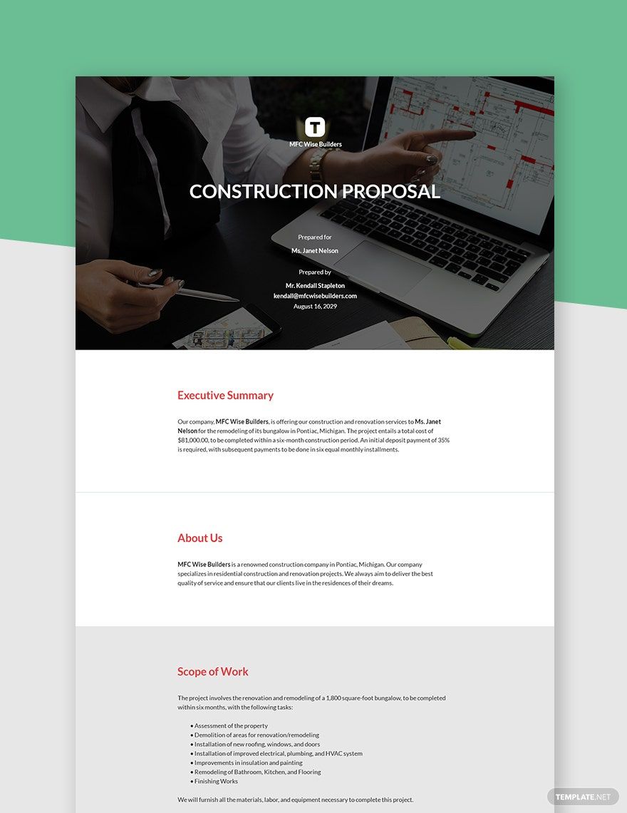 Simple Construction Proposal Template Google Docs, Word, Apple Pages