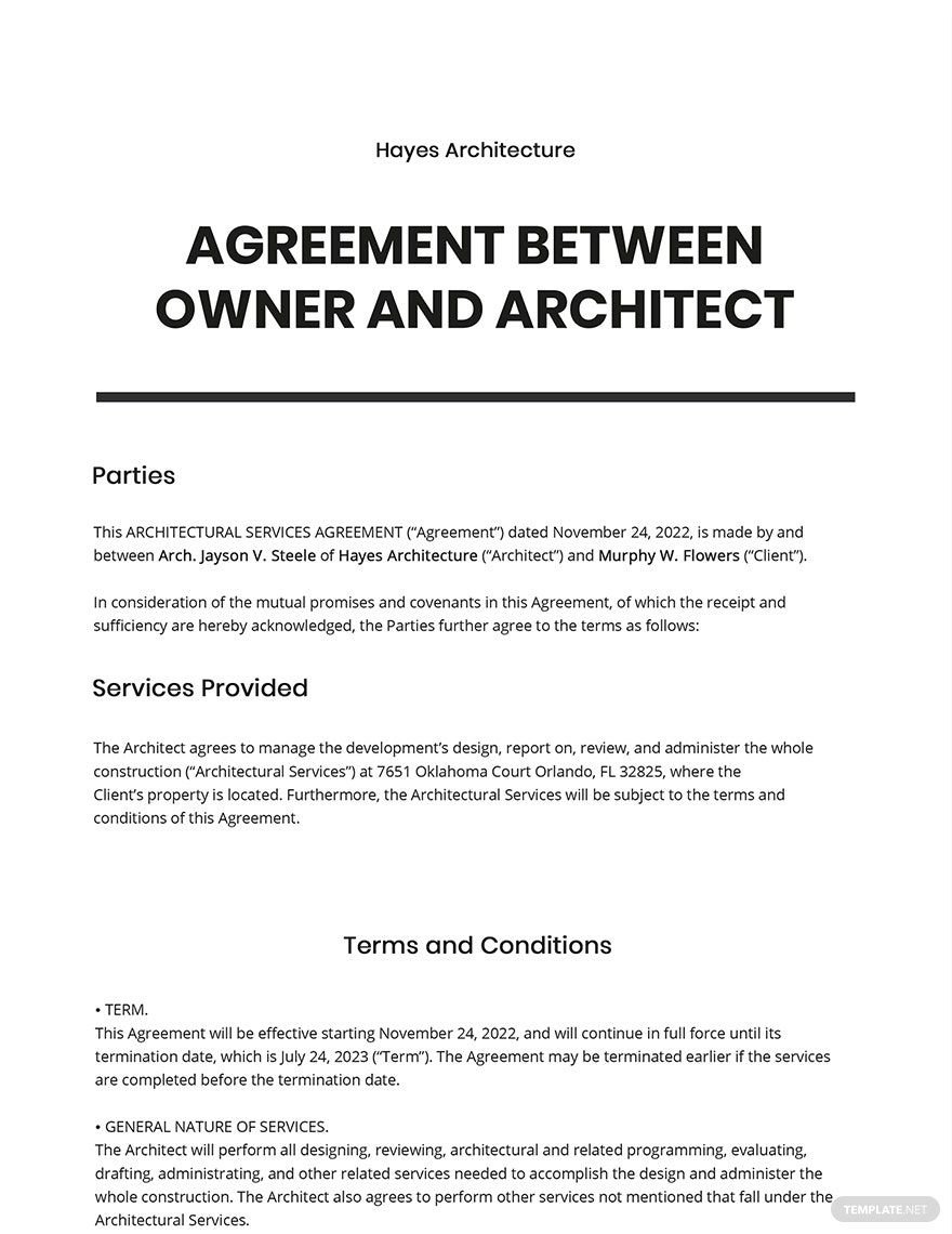 Agreement Between Owner and Architect Template