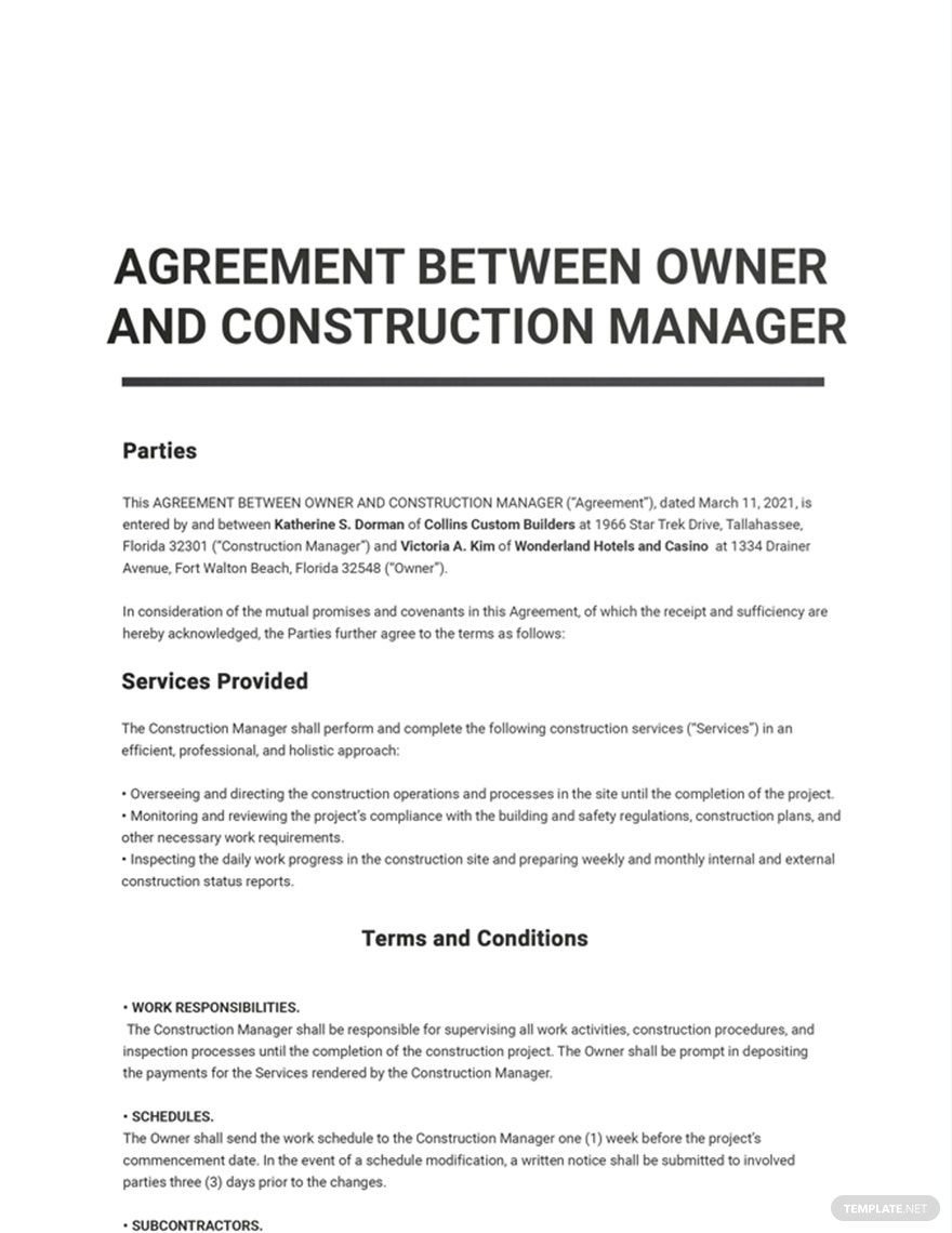 Agreement Between Owner and Construction Manager Template