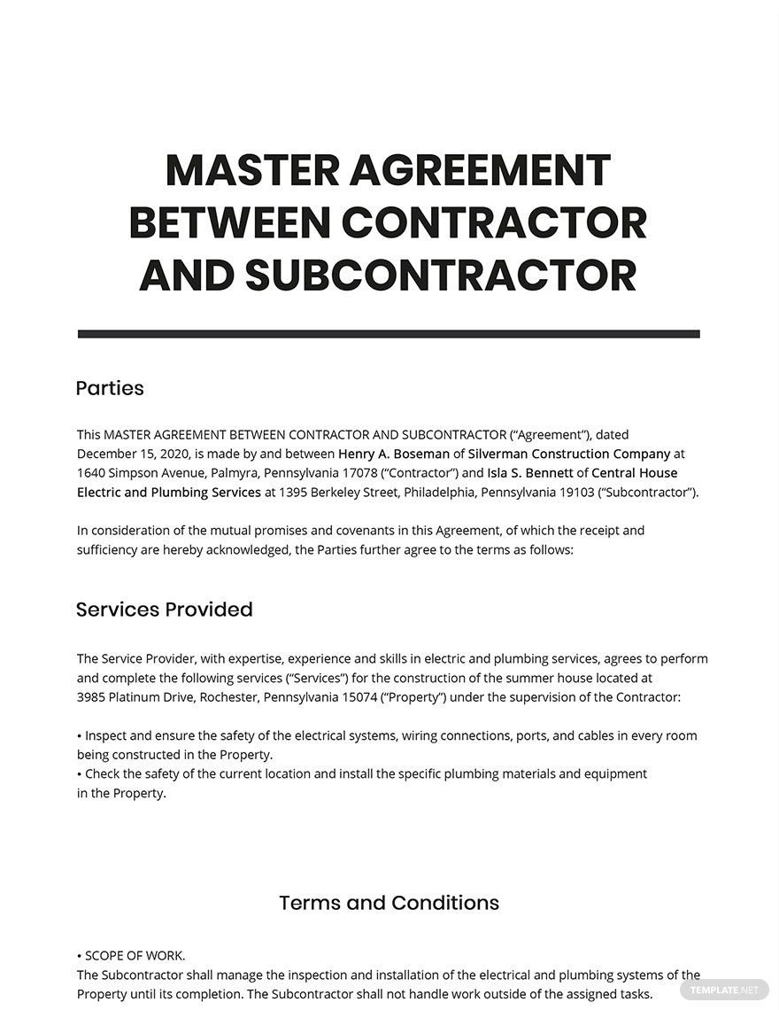 Master Agreement Between Contractor and Subcontractor Template