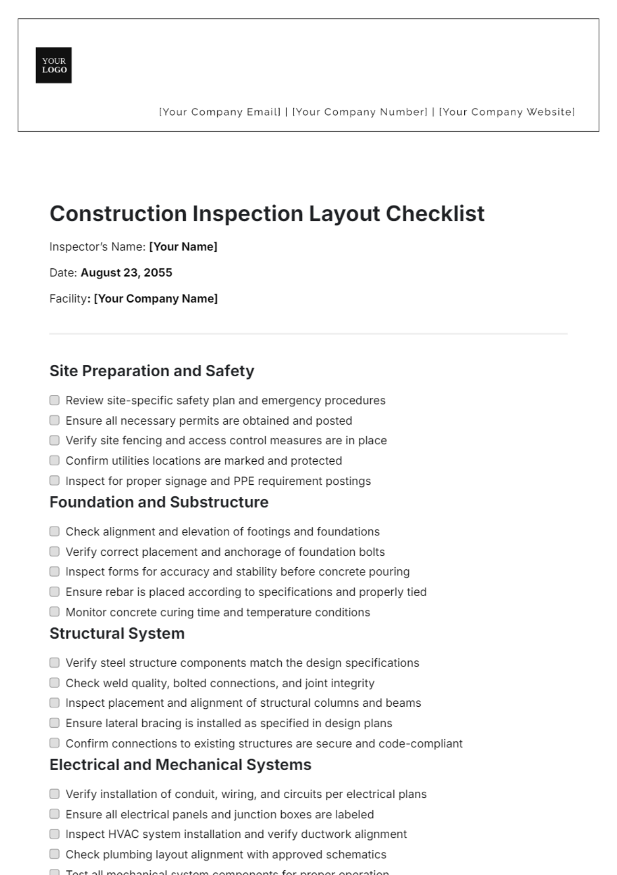 Construction Inspection Layout Checklist Template - Edit Online & Download