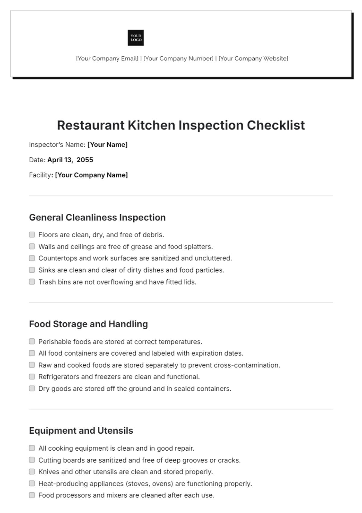 Restaurant Kitchen Inspection Checklist Template - Edit Online & Download