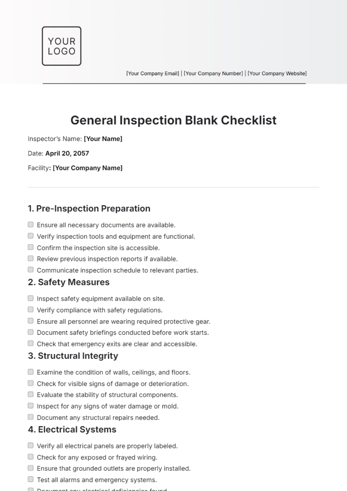 General Inspection Blank Checklist Template - Edit Online & Download