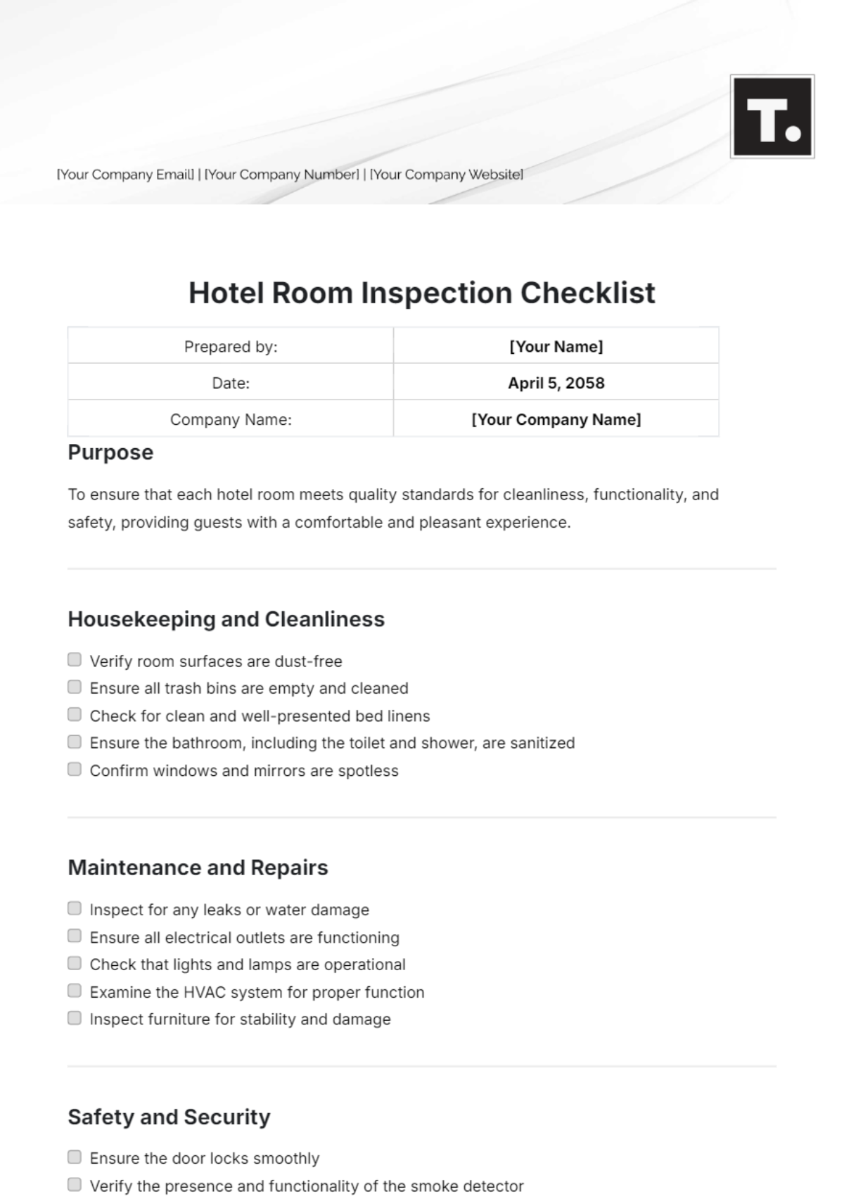 Hotel Room Inspection Checklist - Edit Online & Download