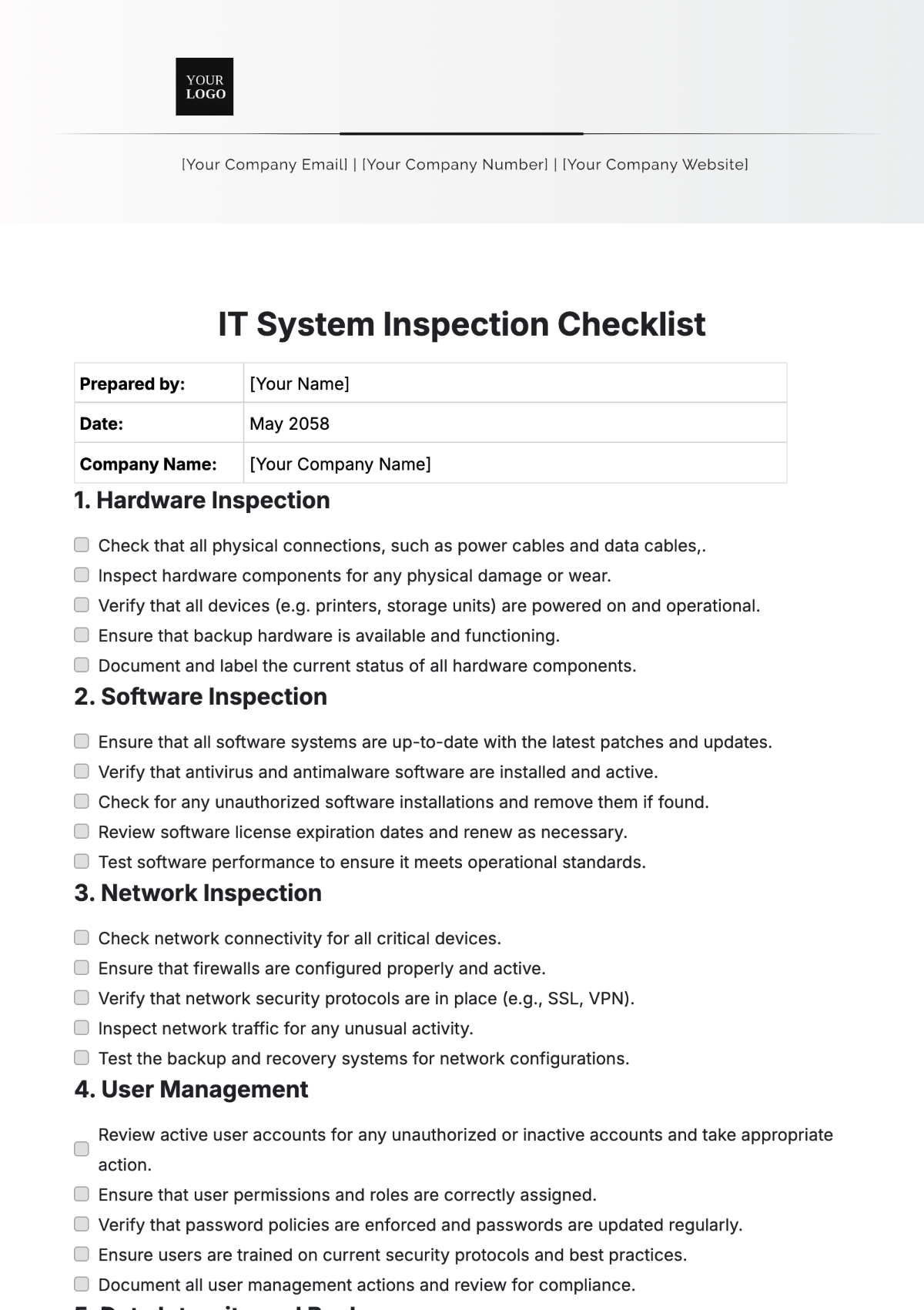 IT System Inspection Checklist Template - Edit Online & Download