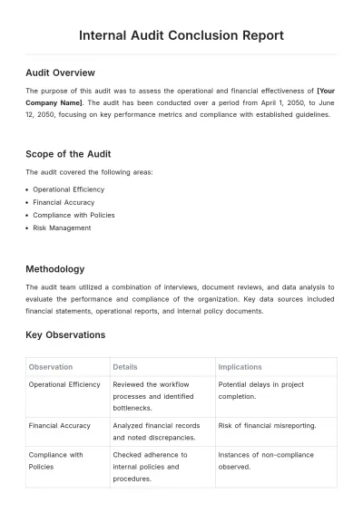 Free Internal Audit Conclusion Report Example Template to Edit Online