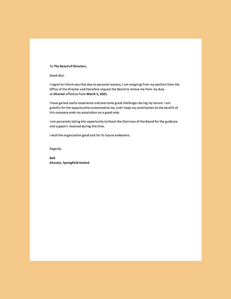 Director Resignation Letter Template