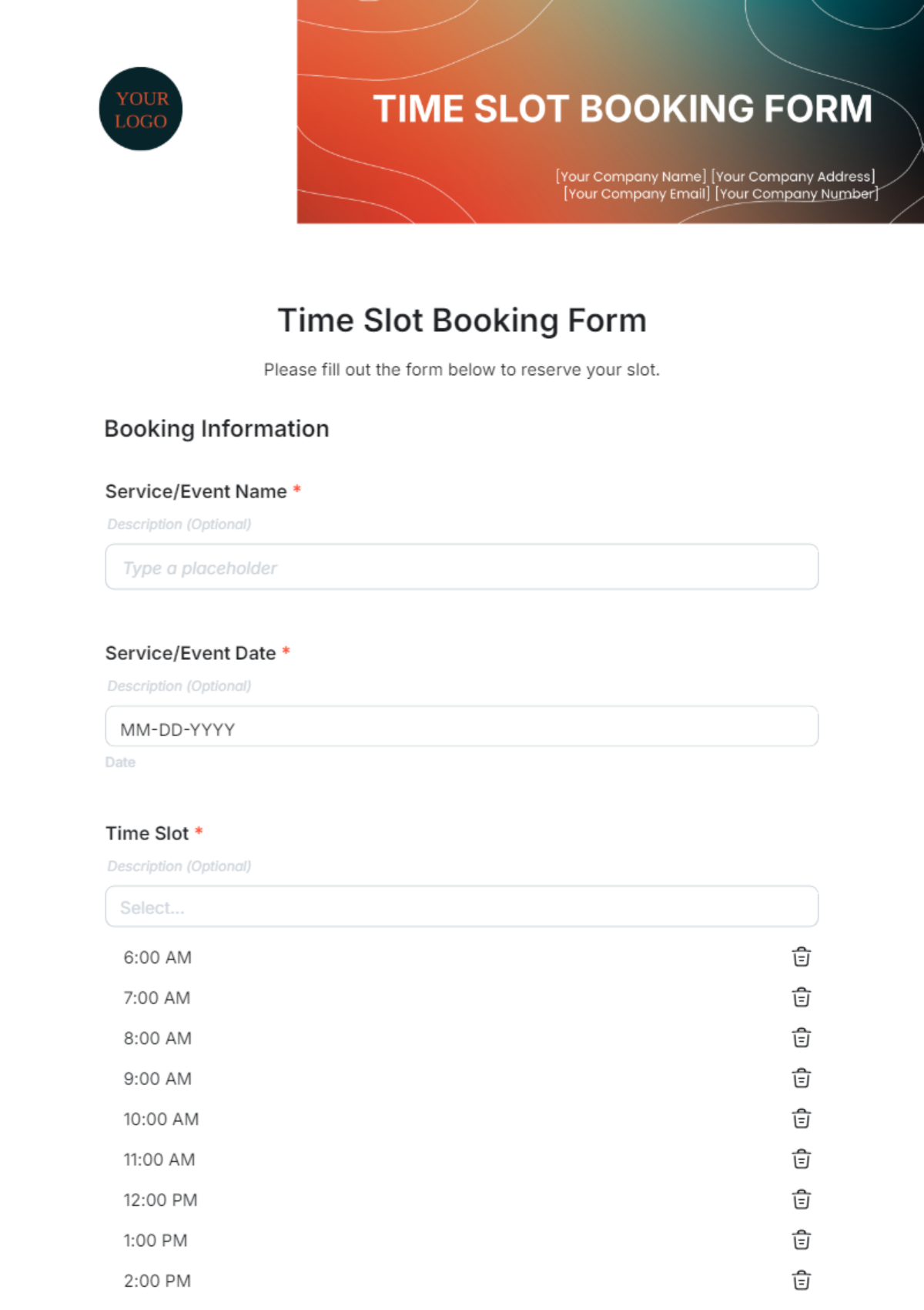 Time Slot Booking Form Template - Edit Online & Download