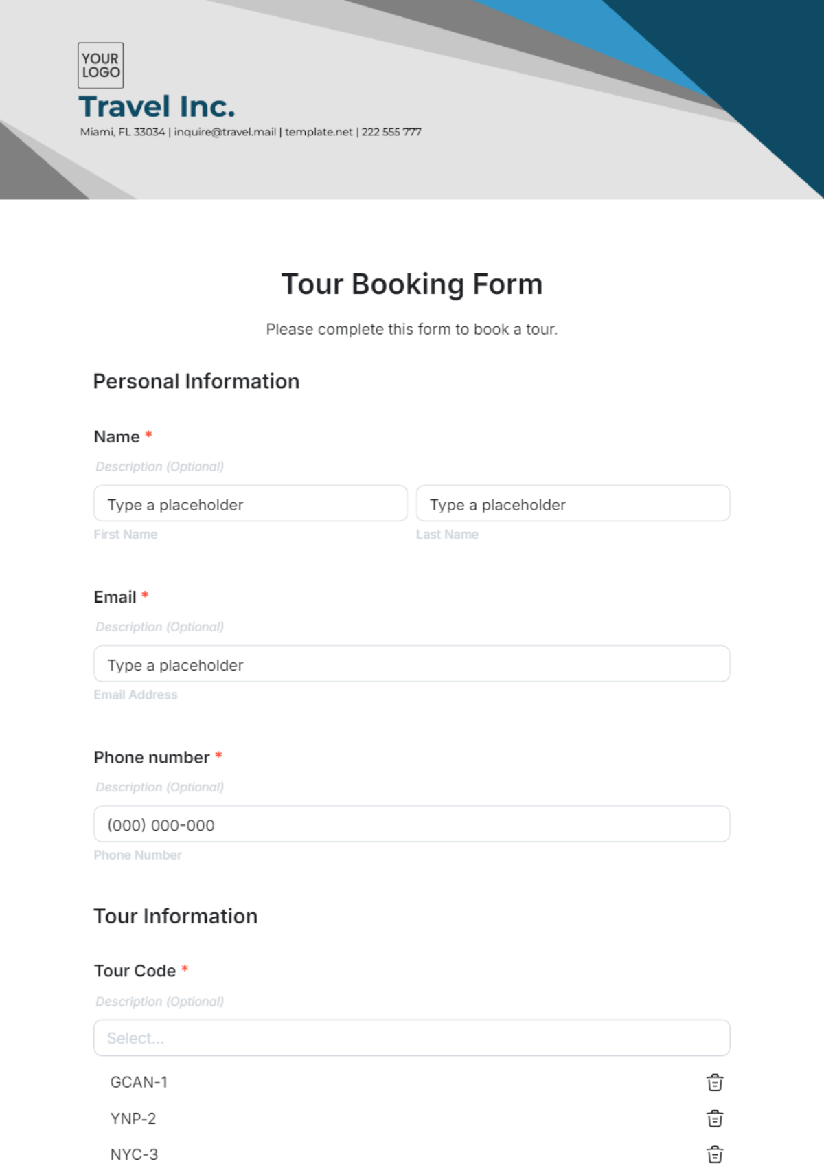 Tour Booking Form Template - Edit Online & Download