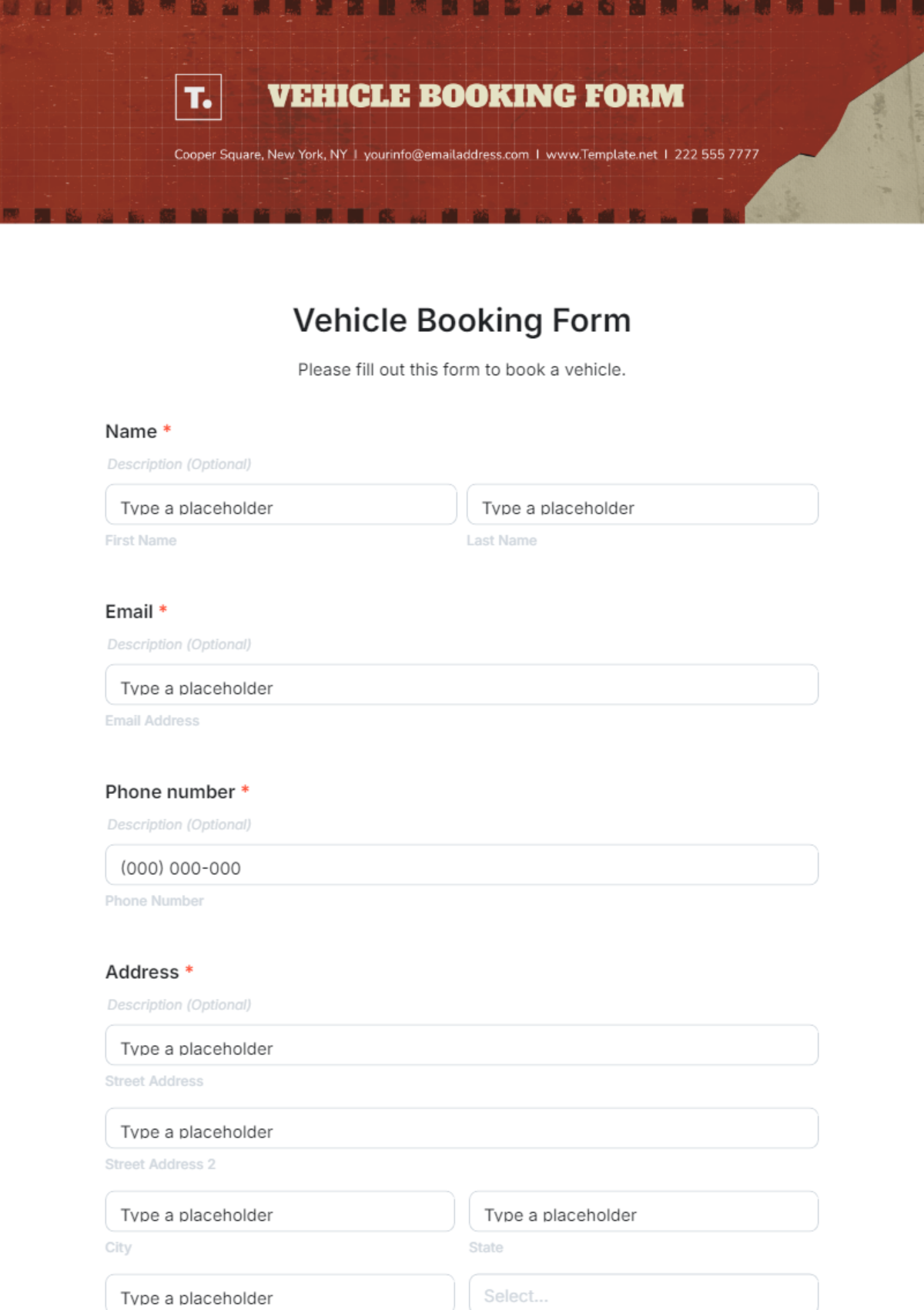 Vehicle Booking Form Template - Edit Online & Download