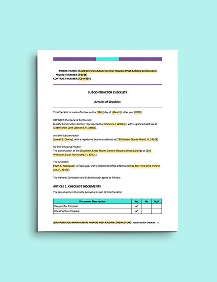 Subcontractor Checklist Template - Word | Google Doc | Apple (MAC) Pages
