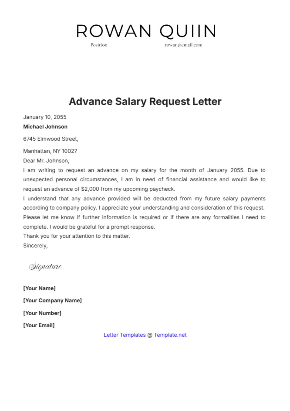 Advance Salary Request Letter Template - Edit Online & Download