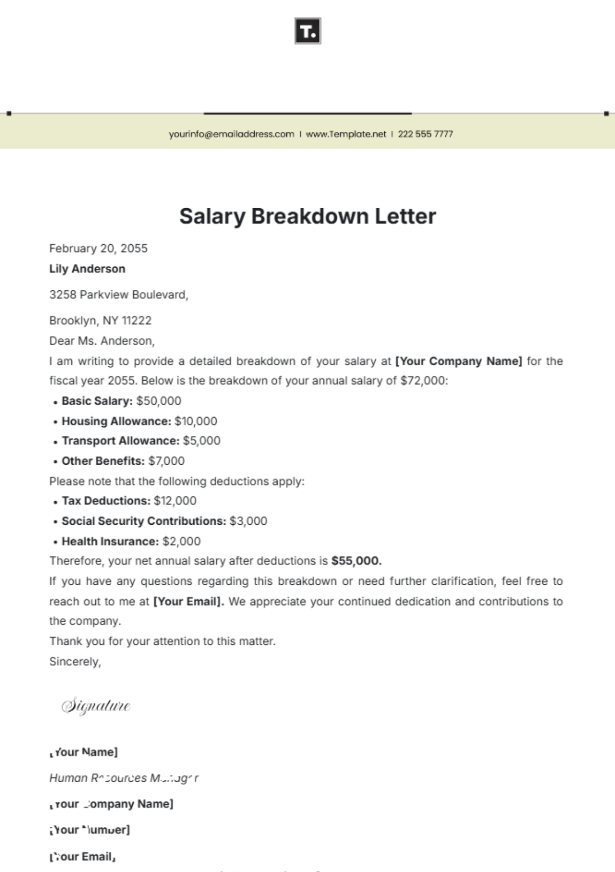 Salary Breakdown Letter Template - Edit Online & Download