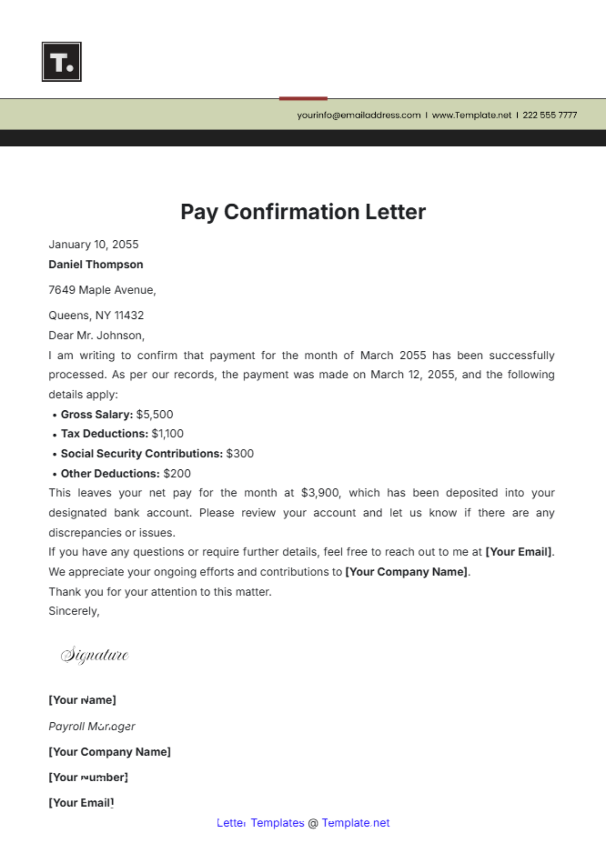 Pay Confirmation Letter Template - Edit Online & Download