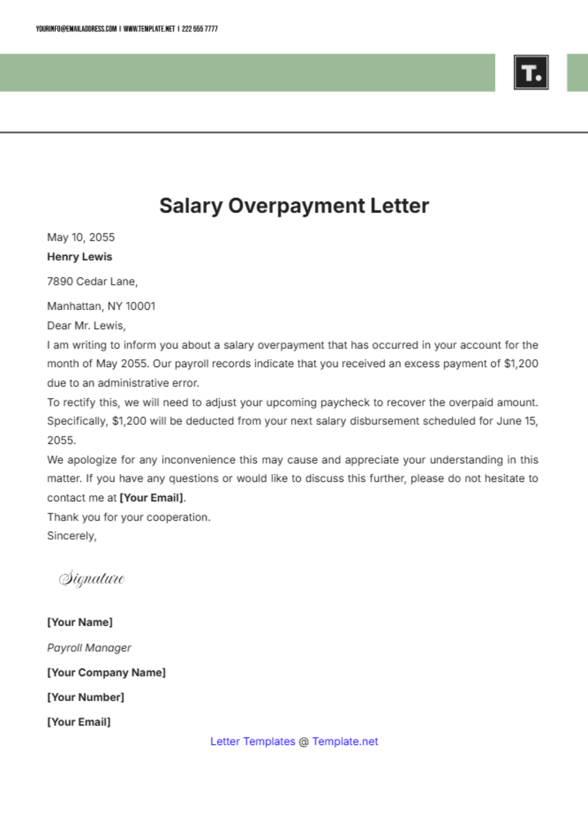 Salary Overpayment Letter Template - Edit Online & Download