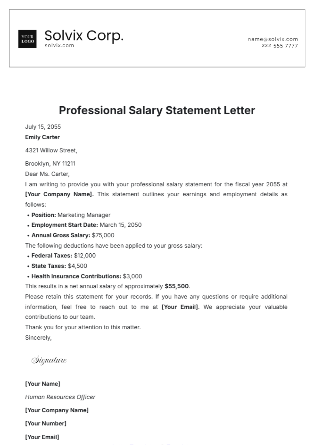 Professional Salary Statement Letter Template - Edit Online & Download