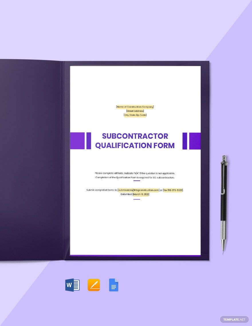 Subcontractor Qualification Form Template