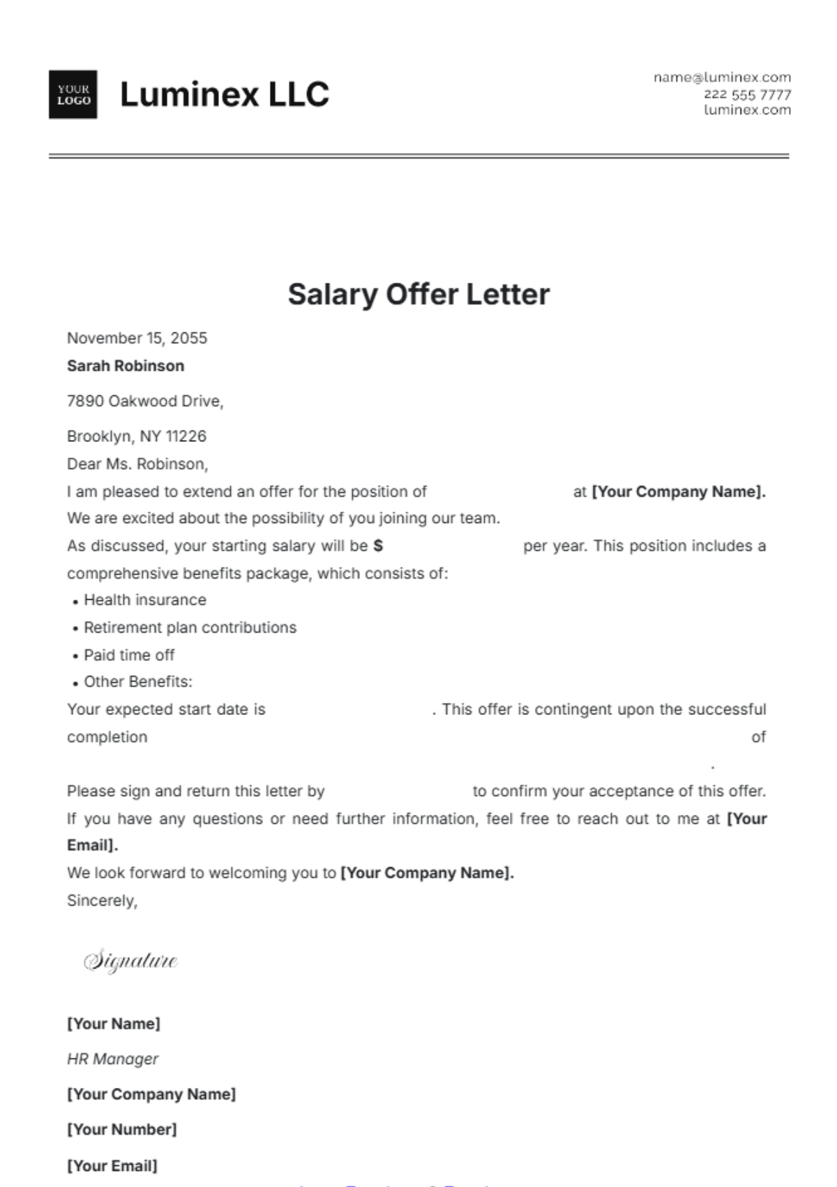 Blank Salary Offer Letter Template - Edit Online & Download