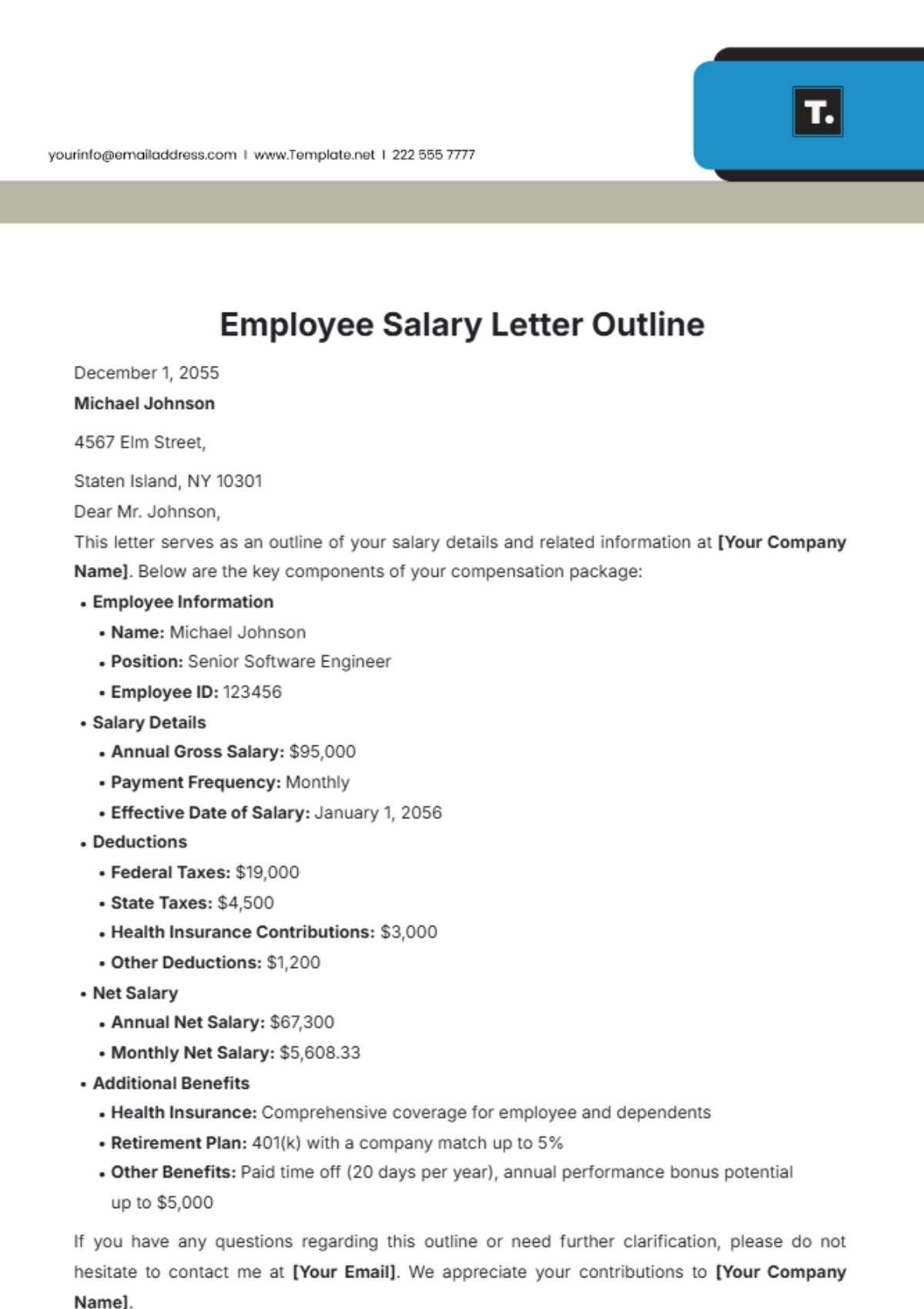 Employee Salary Letter Outline Template - Edit Online & Download